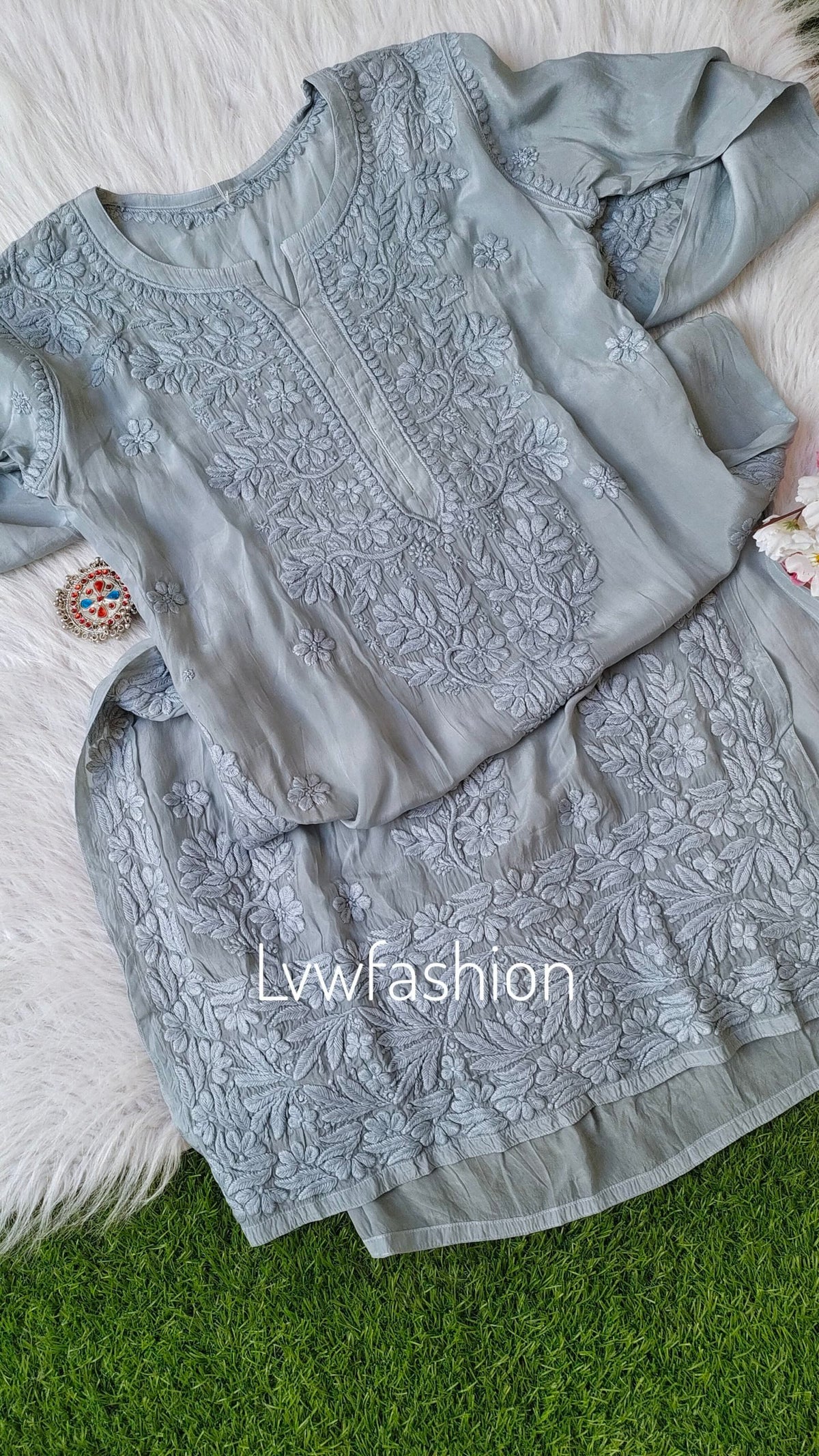 Neer Grayish premium muslin silk long kurta with 3D Chikankari embroidery by LVW Fashion Luxurious Chikankari, paired with matching dupatta.