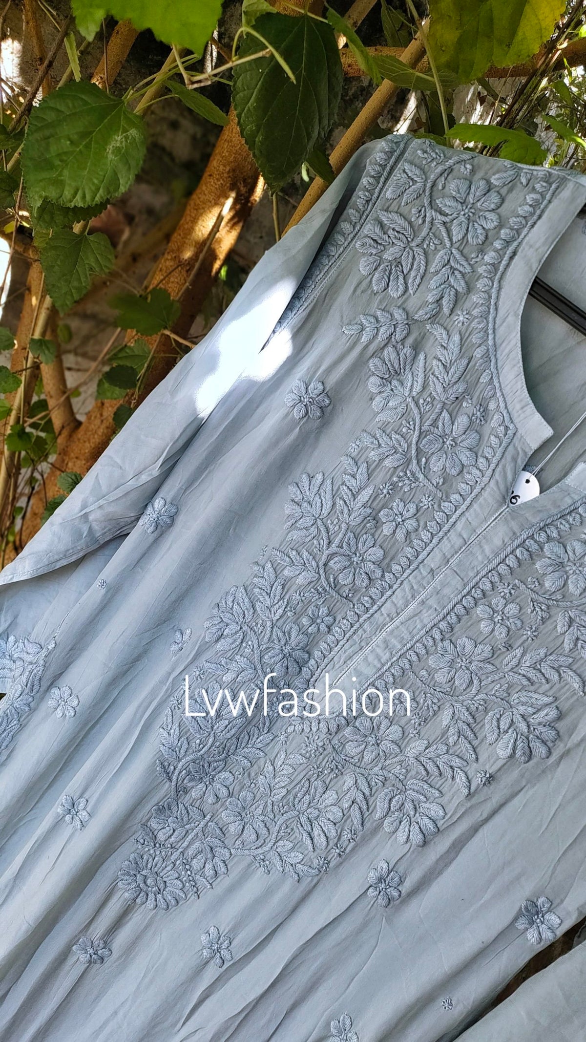 Grayish NEER premium muslin silk long kurta with 3D Chikankari embroidery from LVW Fashion Luxurious Chikankari.