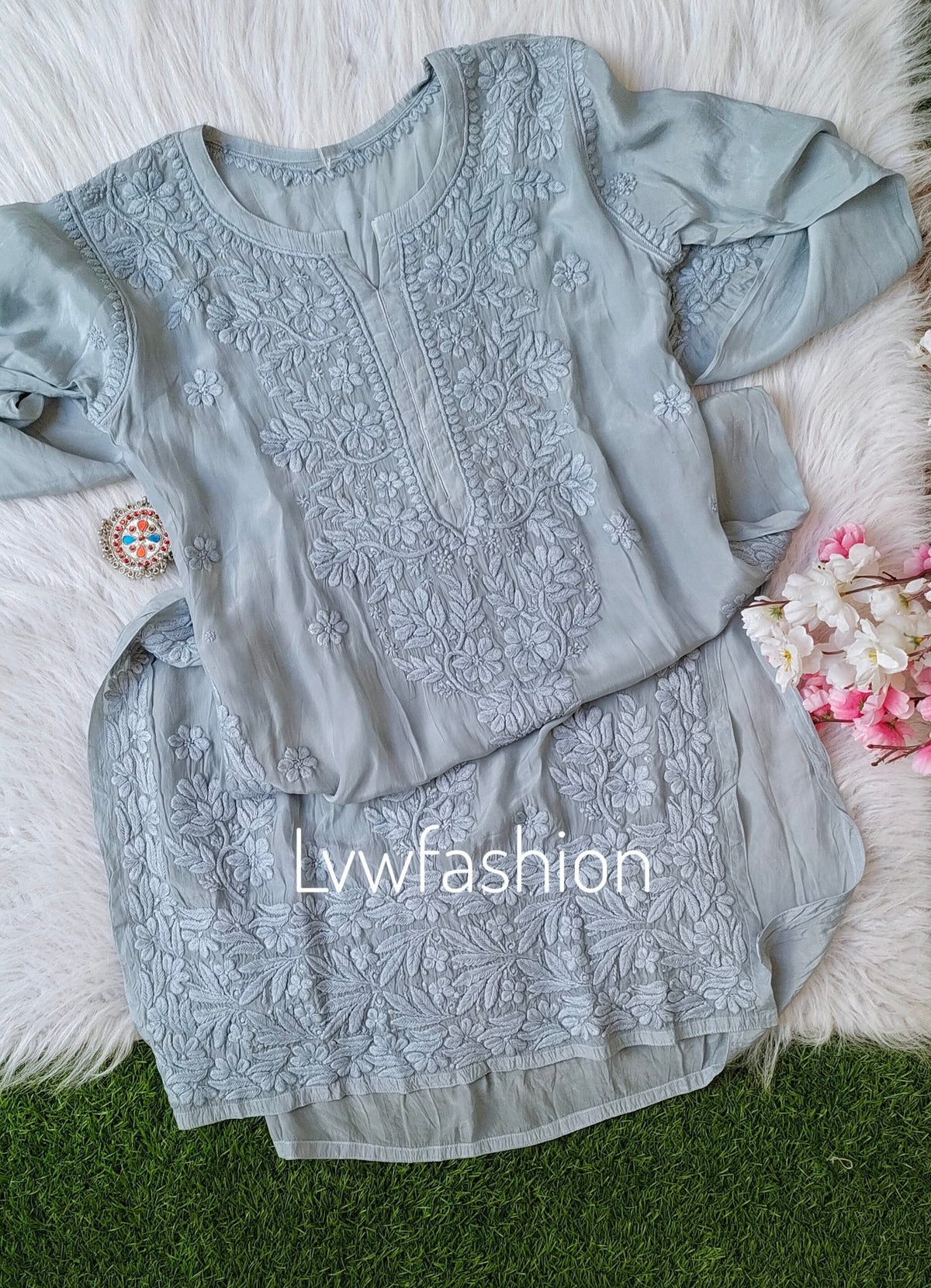 LVW Fashion Neer Grayish premium muslin silk long kurta with intricate 3D Chikankari embroidery and matching dupatta.