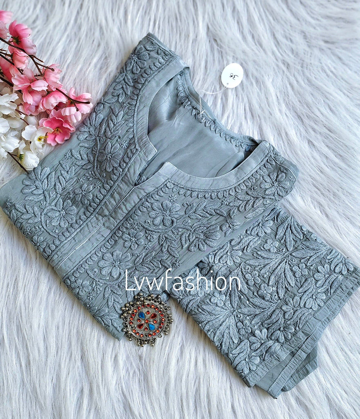 LVW Fashion Neer Grayish premium muslin silk long kurta with 3D Chikankari embroidery and matching dupatta.