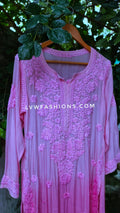 Pink and lavender muslin silk long kurta with 3D chikankari embroidery by LVW Fashion Luxurious Chikankari.