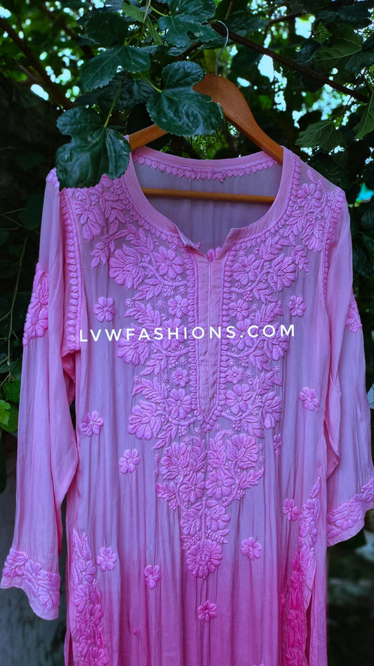 Pink and lavender muslin silk long kurta with 3D chikankari embroidery by LVW Fashion Luxurious Chikankari.
