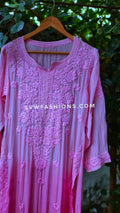 LVW Fashion Luxurious Chikankari pink and lavender long kurta in premium muslin silk with 3D embroidery and matching dupatta.