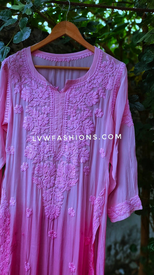 LVW Fashion Luxurious Chikankari pink and lavender long kurta in premium muslin silk with 3D embroidery and matching dupatta.