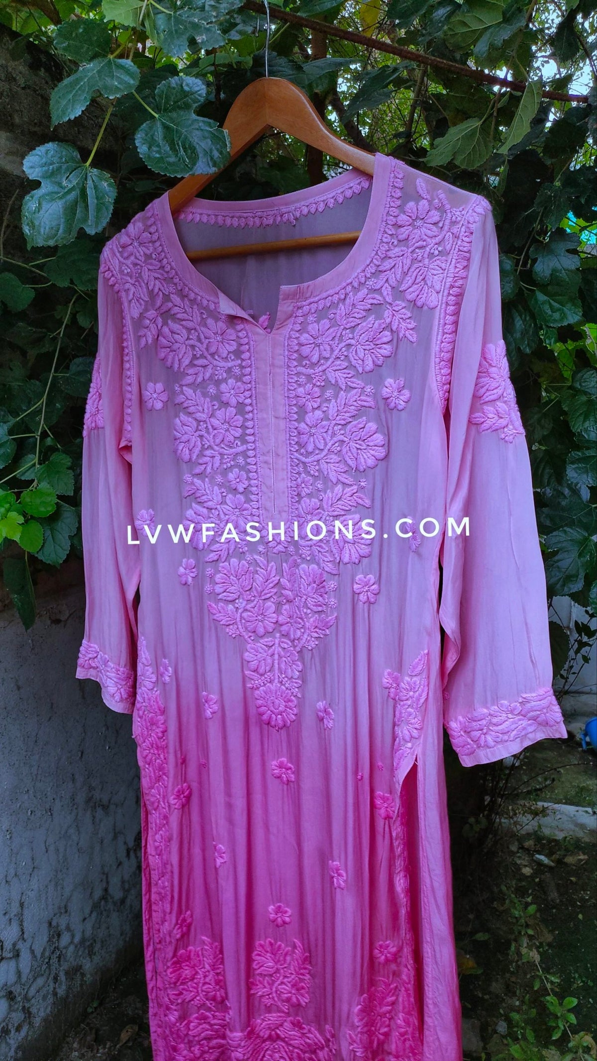 Pink and lavender long kurta by LVW Fashion Luxurious Chikankari with 3D embroidery in premium muslin silk fabric, paired with matching dupatta.
