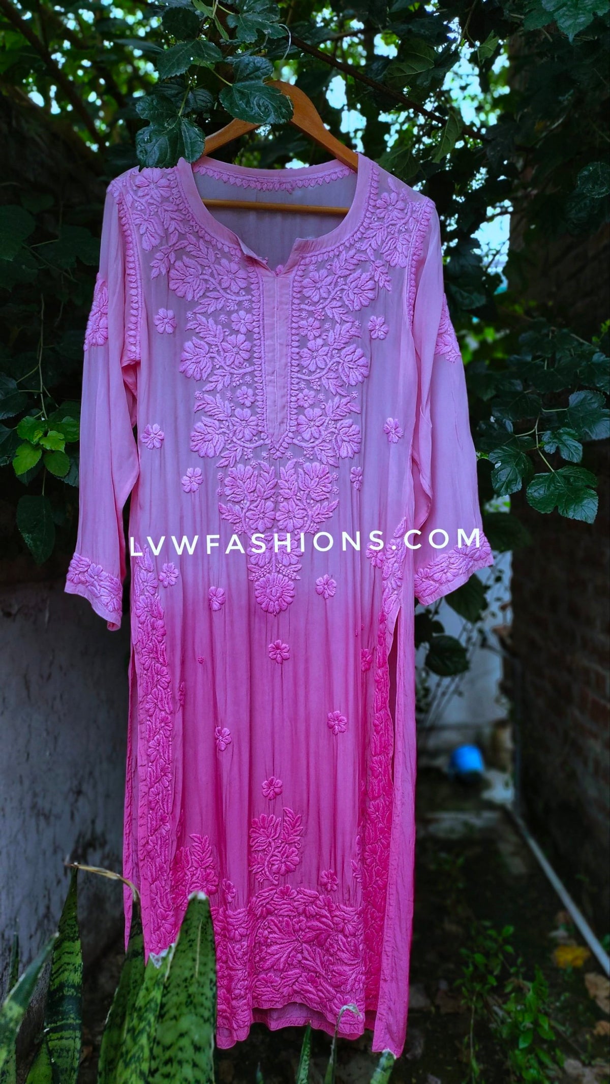 LVW Fashion luxurious pink and lavender premium muslin silk long kurta with 3D chikankari embroidery and matching dupatta.