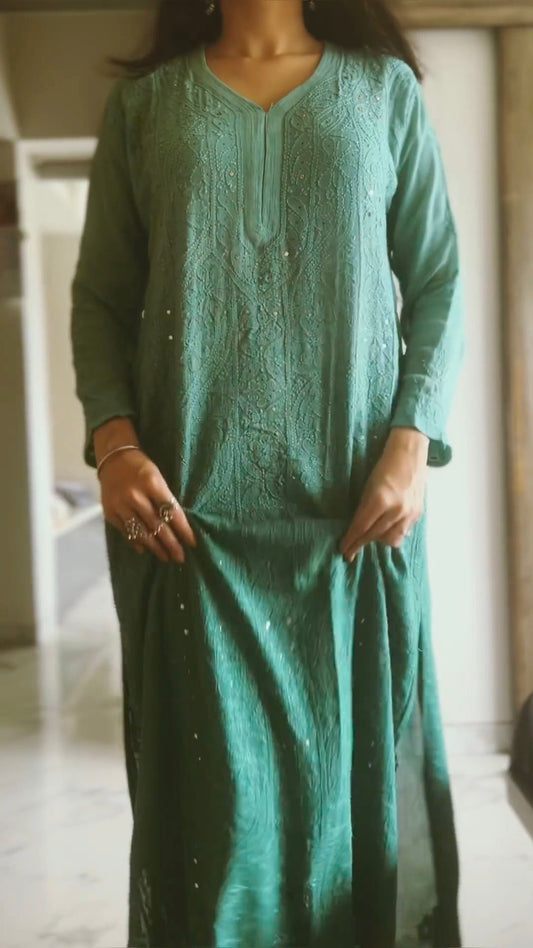 Green ombre long kurta with intricate chikankari embroidery by LVW Fashion Luxurious Chikankari, paired with matching dupatta.