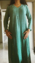 LVW Fashion Saba Premium Georgette Chikankari Green Ombre Long Kurta with matching dupatta, showcasing intricate embroidery and elegant design.