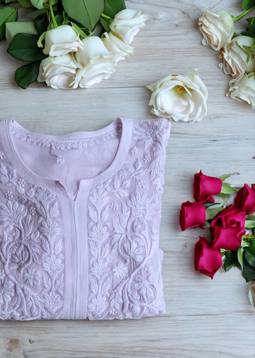 Pink Sukoon Powder Premium Georgette Chikankari Kurta with matching dupatta by LVW Fashion, showcasing intricate embroidery and elegant design.