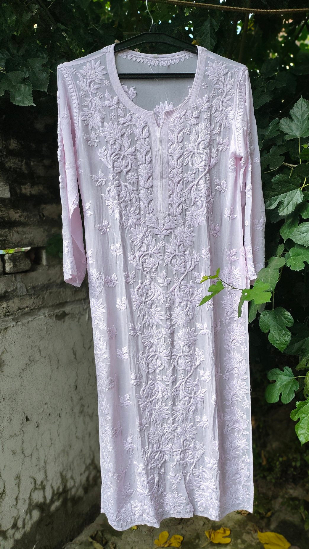 Pink Sukoon Powder Premium Georgette Chikankari Kurta with matching dupatta, made by LVW Fashion Luxurious Chikankari.