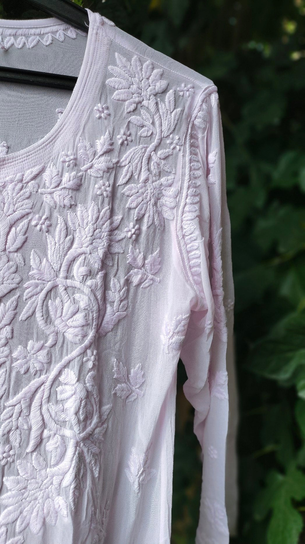 Pink Sukoon Powder Kurta by LVW Fashion, premium georgette with intricate Chikankari embroidery and matching dupatta.