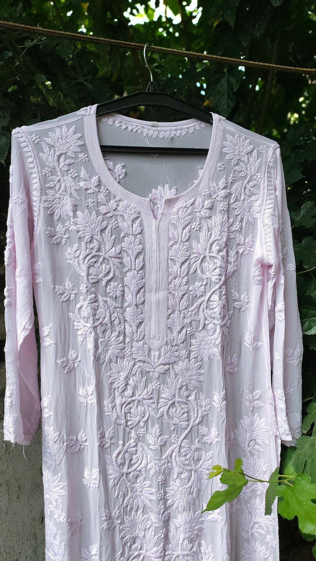 Pink Sukoon Powder georgette Kurta with intricate Chikankari embroidery from LVW Fashion Luxurious Chikankari, paired with matching dupatta.