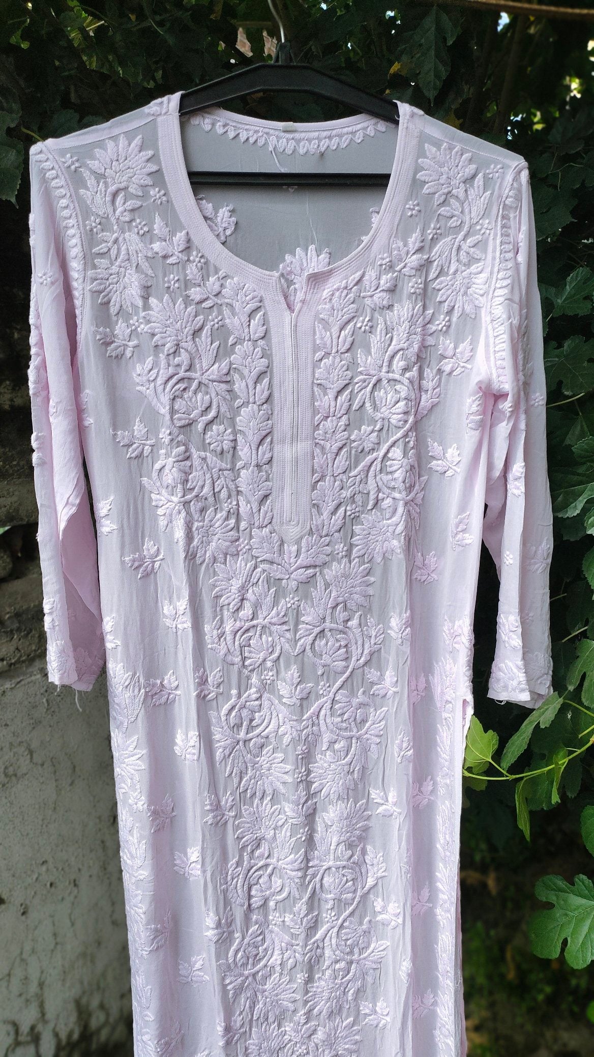 Pink Sukoon Powder georgette Kurta with intricate LVW Fashion Luxurious Chikankari embroidery and matching dupatta.