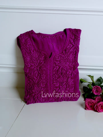 French plum premium softy silk Chikankari kurti with matching pant, dupatta, and inner, designed by LVW Fashion Luxurious Chikankari.