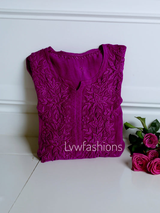 French plum premium softy silk Chikankari kurti with matching pant, dupatta, and inner, designed by LVW Fashion Luxurious Chikankari.