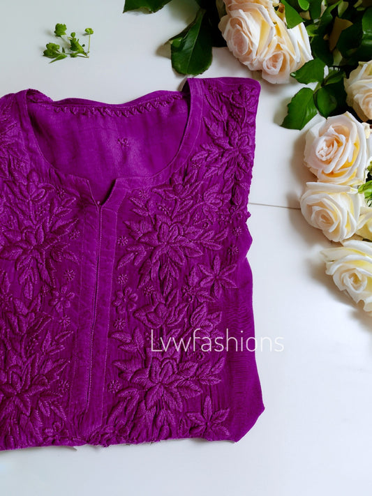 French plum LVW Fashion luxurious silk Chikankari Kurti with matching pant and dupatta, soft and elegant with intricate embroidery.