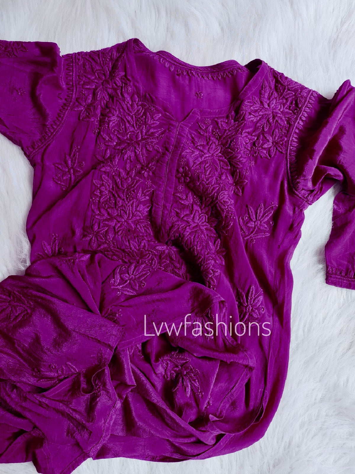LVW Fashion French plum premium soft silk chikankari kurti with inner, paired with matching pant and dupatta.
