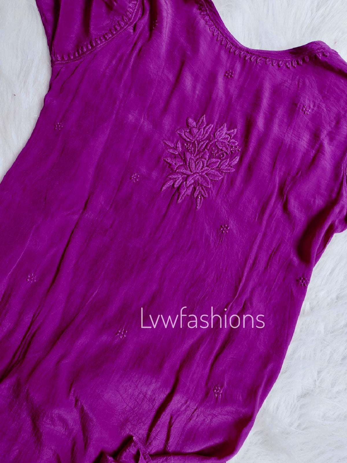 LVW Fashion luxurious French plum soft silk Chikankari Kurti with matching shade pant and dupatta, includes inner for a complete traditional look