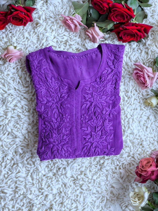 Mahira Metallic Violet Premium Silk Chikankari Kurta with matching pant and dupatta, showcasing intricate embroidery and luxurious fabric.