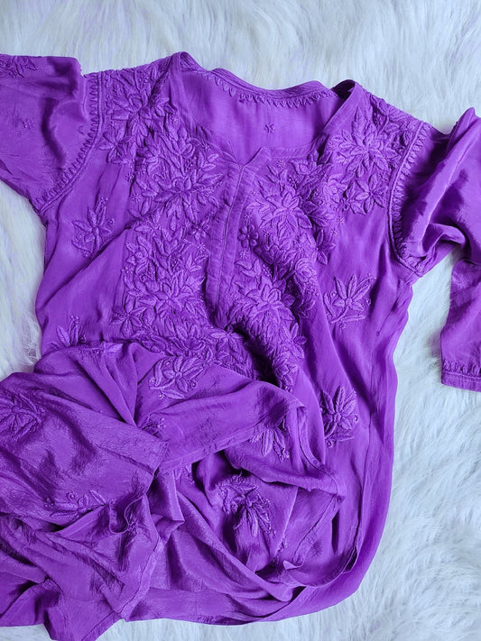 Elegant Mahira metallic violet silk Chikankari Kurta with matching pants and dupatta, crafted by LVW Fashion Luxurious Chikankari.