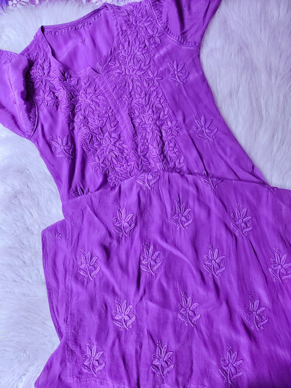 Mahira metallic violet premium silk Chikankari kurta with matching pants and dupatta, styled by LVW Fashion Luxurious Chikankari.