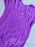 Mahira metallic violet premium silk Chikankari kurta with matching pants and dupatta, showcasing intricate embroidery and luxurious fabric.
