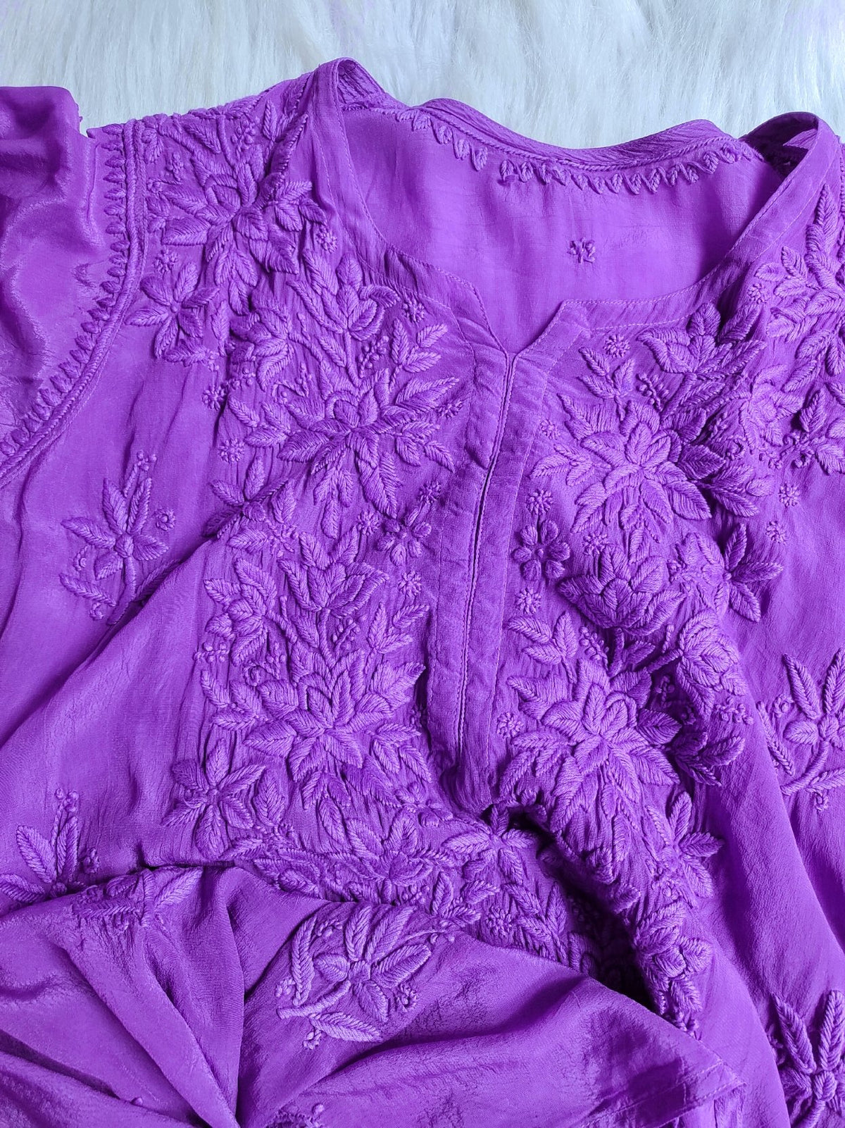Mahira metallic violet premium silk Chikankari kurta with matching pant and dupatta, showcasing intricate embroidery and luxurious fabric.