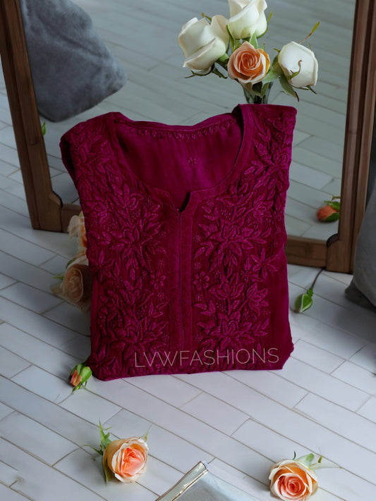 Red premium georgette long silk Chikankari Kurti with matching pants and dupatta, by LVW Fashion Luxurious Chikankari.
