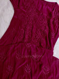 Red premium georgette long silk Chikankari kurti by LVW Fashion with matching pants and dupatta, featuring intricate embroidery.