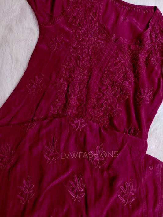 Red premium georgette long silk Chikankari kurti by LVW Fashion with matching pants and dupatta, featuring intricate embroidery.
