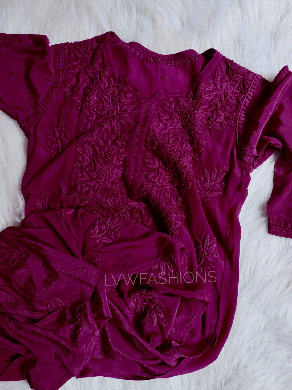 Red premium georgette long silk Chikankari Kurti with inner, featuring intricate embroidery, from LVW Fashion Luxurious Chikankari.