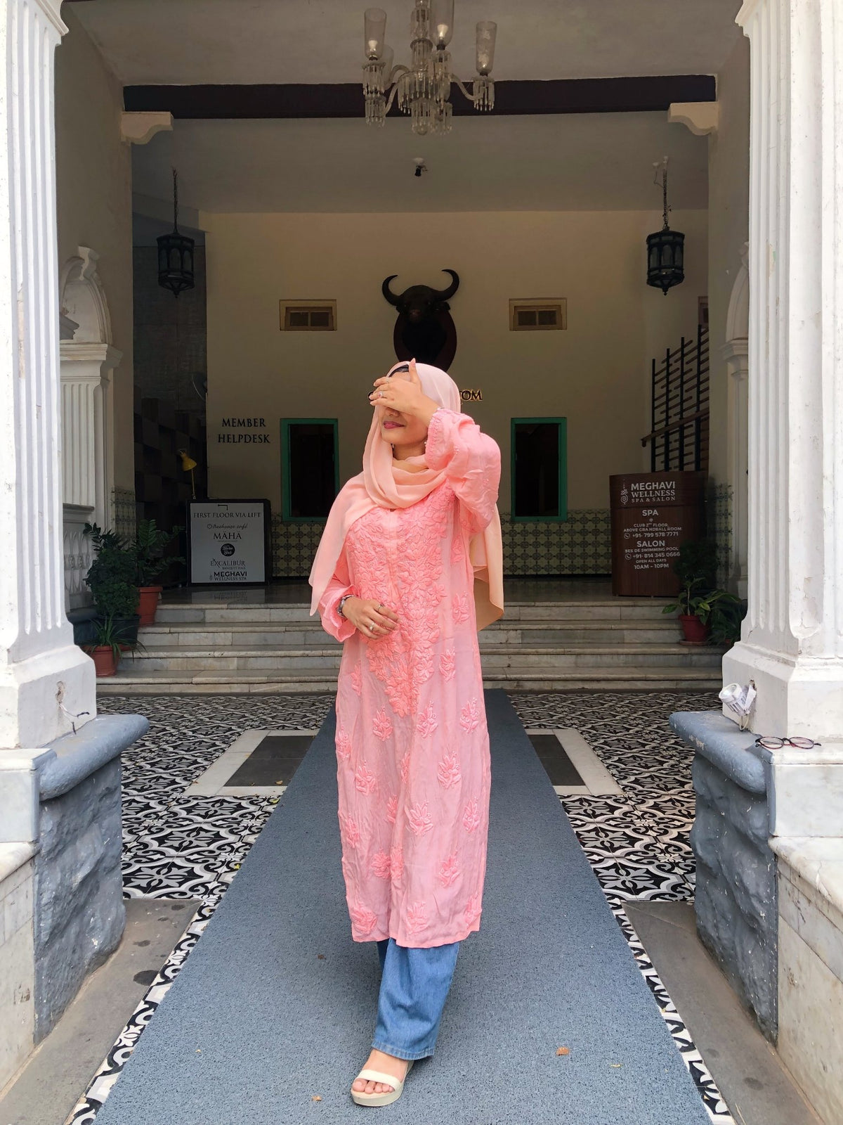 Peach premium soft shining silk long kurta with inner, LVW Fashion Luxurious Chikankari, paired with matching pants and dupatta.
