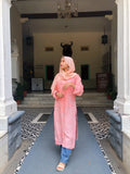 Luxurious Peach Silk Long Kurta by LVW Fashion with Chikankari, matching pants and dupatta, soft shining fabric with inner lining.