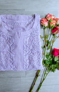 LVW Fashion Sukoon Powder Lavender Georgette Chikankari Kurta with matching pants and dupatta, featuring intricate embroidery and luxurious fabric.