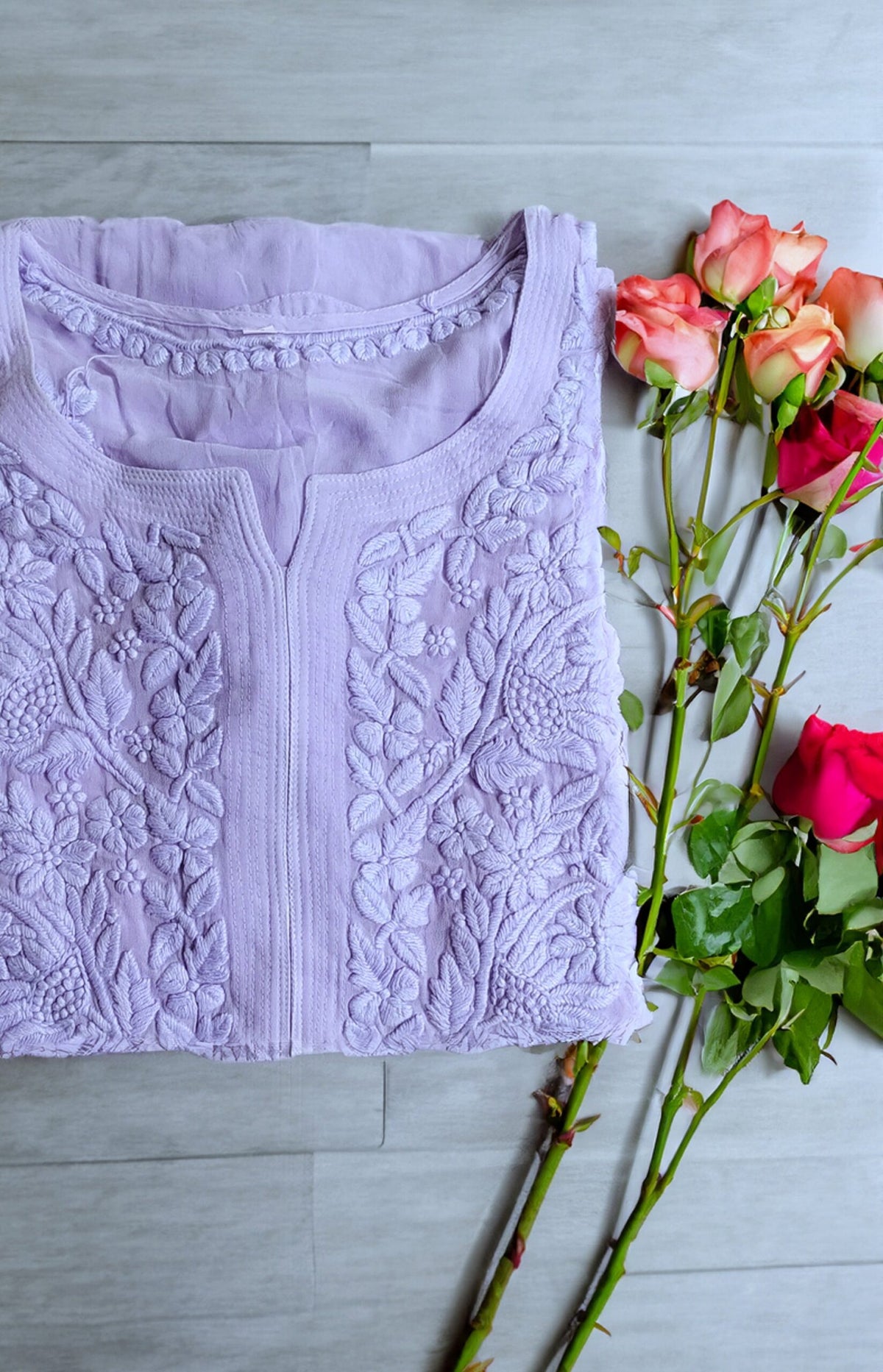 LVW Fashion Sukoon Powder Lavender Georgette Chikankari Kurta with matching pants and dupatta, featuring intricate embroidery and luxurious fabric.