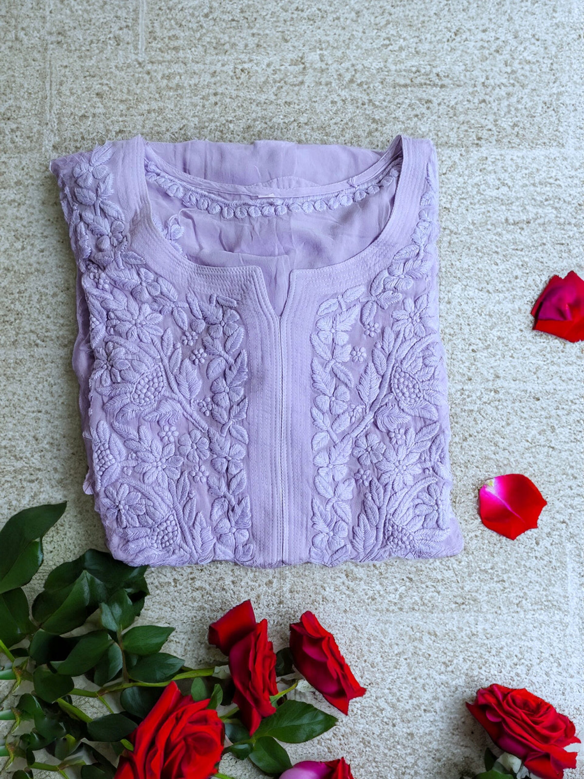 LVW Fashion Sukoon Powder Lavender Chikankari Kurta in premium georgette with matching pant and dupatta, showcasing intricate embroidery.