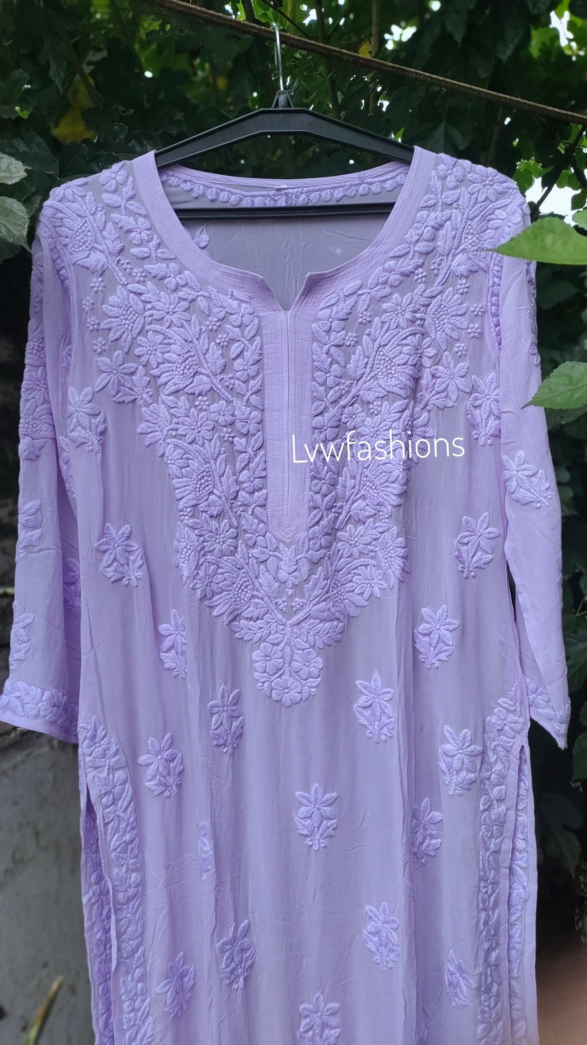 Lavender Sukoon Powder premium georgette Chikankari kurta with matching pants and dupatta from LVW Fashion Luxurious Chikankari collection.