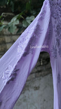 Lavender Sukoon Powder Georgette Chikankari Kurta with matching pants and dupatta, featuring intricate embroidery by LVW Fashion Luxurious Chikankari.