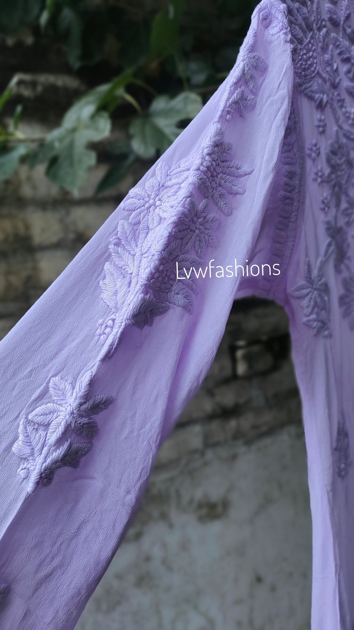 Lavender Sukoon Powder Georgette Chikankari Kurta with matching pants and dupatta, featuring intricate embroidery by LVW Fashion Luxurious Chikankari.