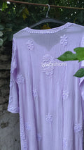 Lavender Sukoon Powder georgette kurta with intricate chikankari embroidery, paired with matching pants and dupatta by LVW Fashion.
