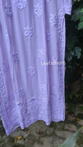 Sukoon Powder Lavender premium georgette Chikankari Kurta with matching pants and dupatta, elegant LVW Fashion Luxurious Chikankari.