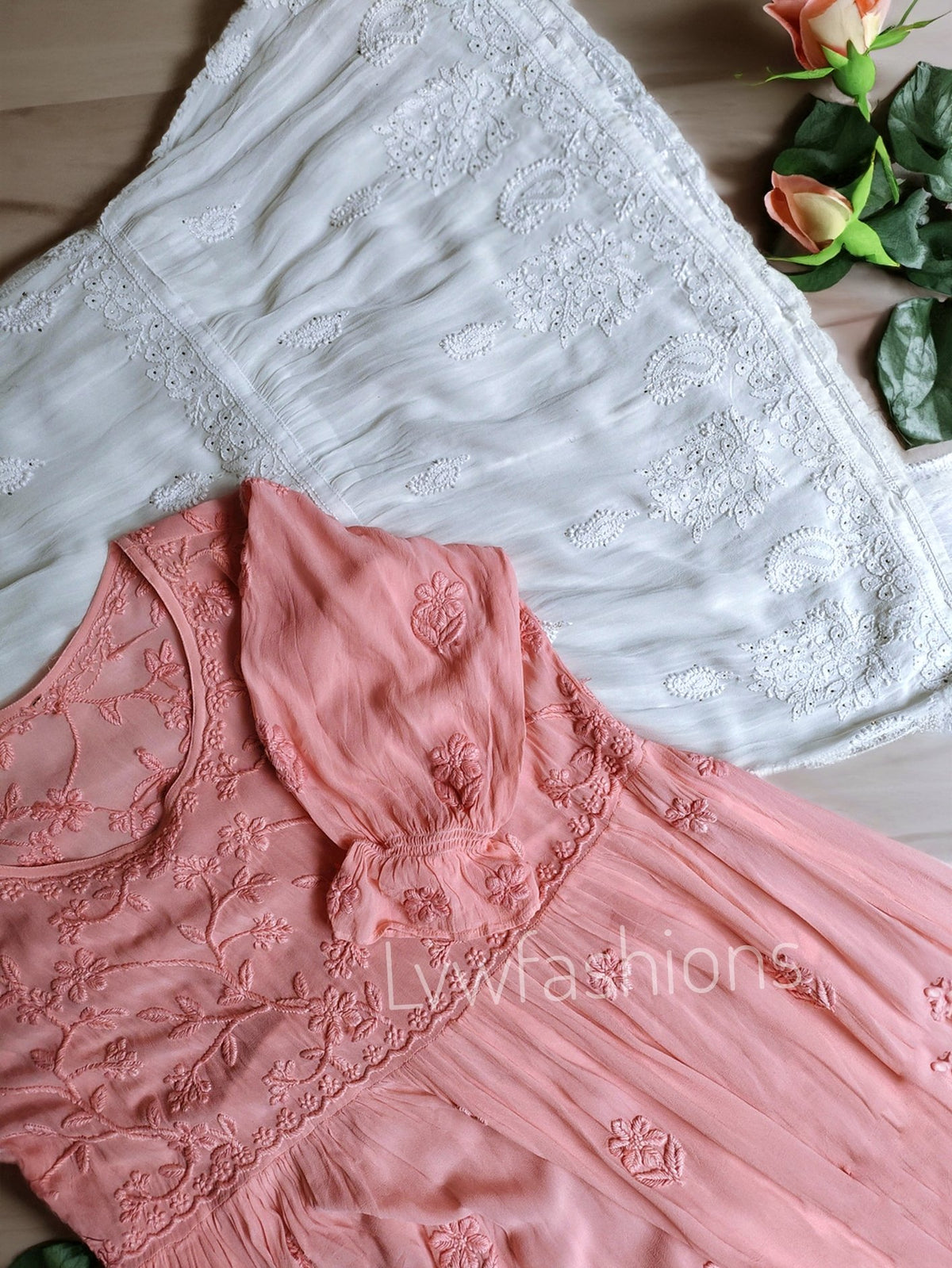 Elham premium georgette frill tunic with white gharara and dupatta, LVW Fashion luxurious chikankari set in XXS size