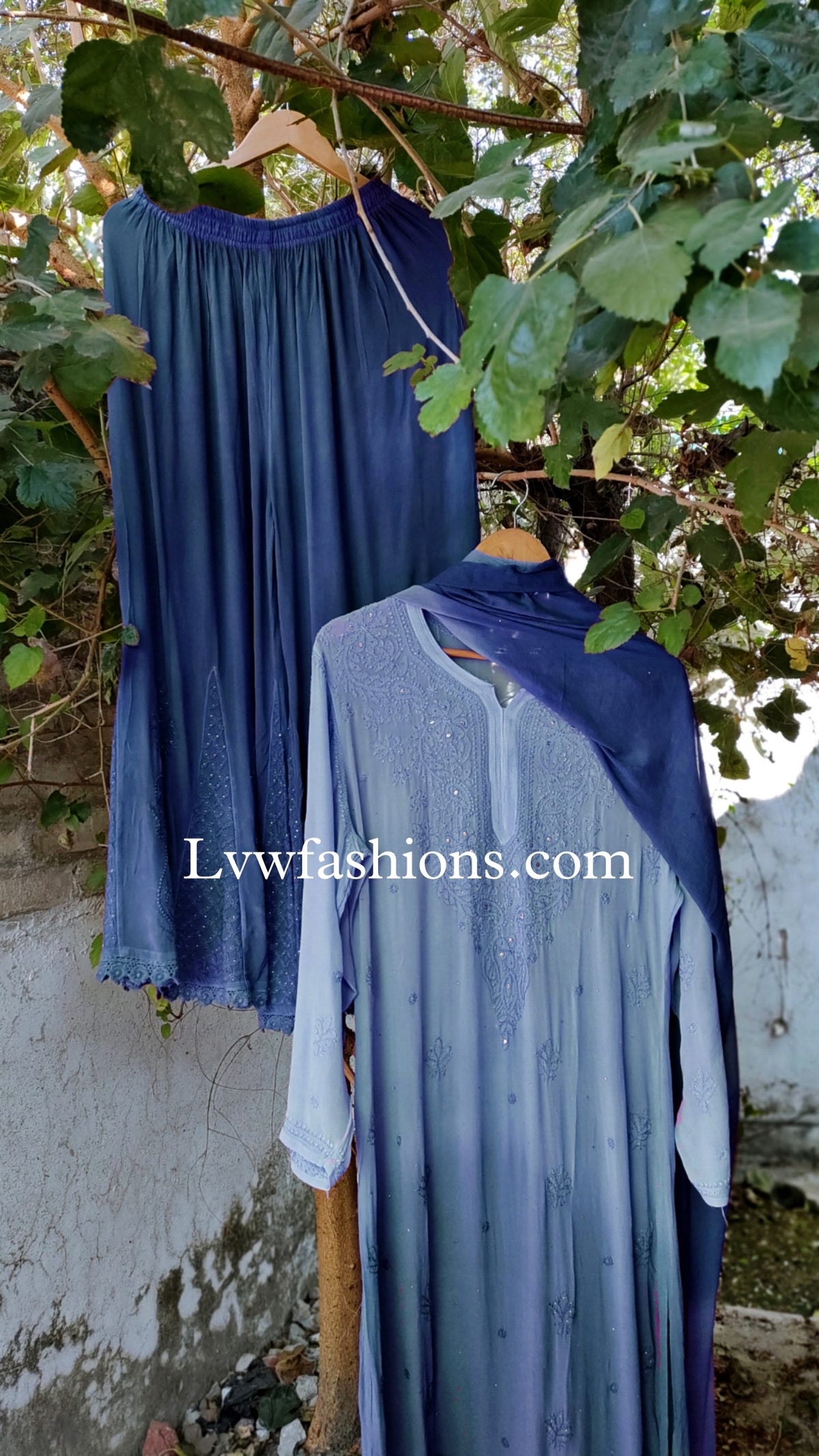 Yankees Blue Premium Georgette Neck Booties 3-Piece Set by LVW Fashion, featuring elegant blue georgette fabric and intricate chikankari embroidery.
