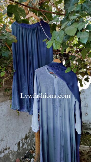 Yankees Blue Premium Georgette Neck Booties 3-Piece Set by LVW Fashion, featuring elegant blue georgette fabric and intricate chikankari embroidery.