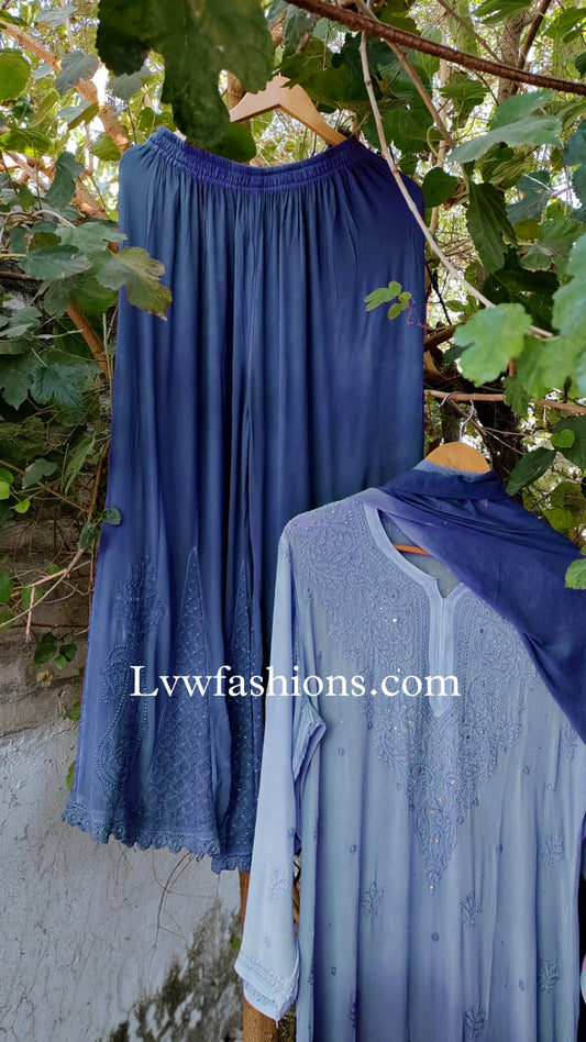 Yankees Blue Premium Georgette Neck Booties 3-piece set by LVW Fashion with intricate Chikankari embroidery, soft and luxurious fabric.