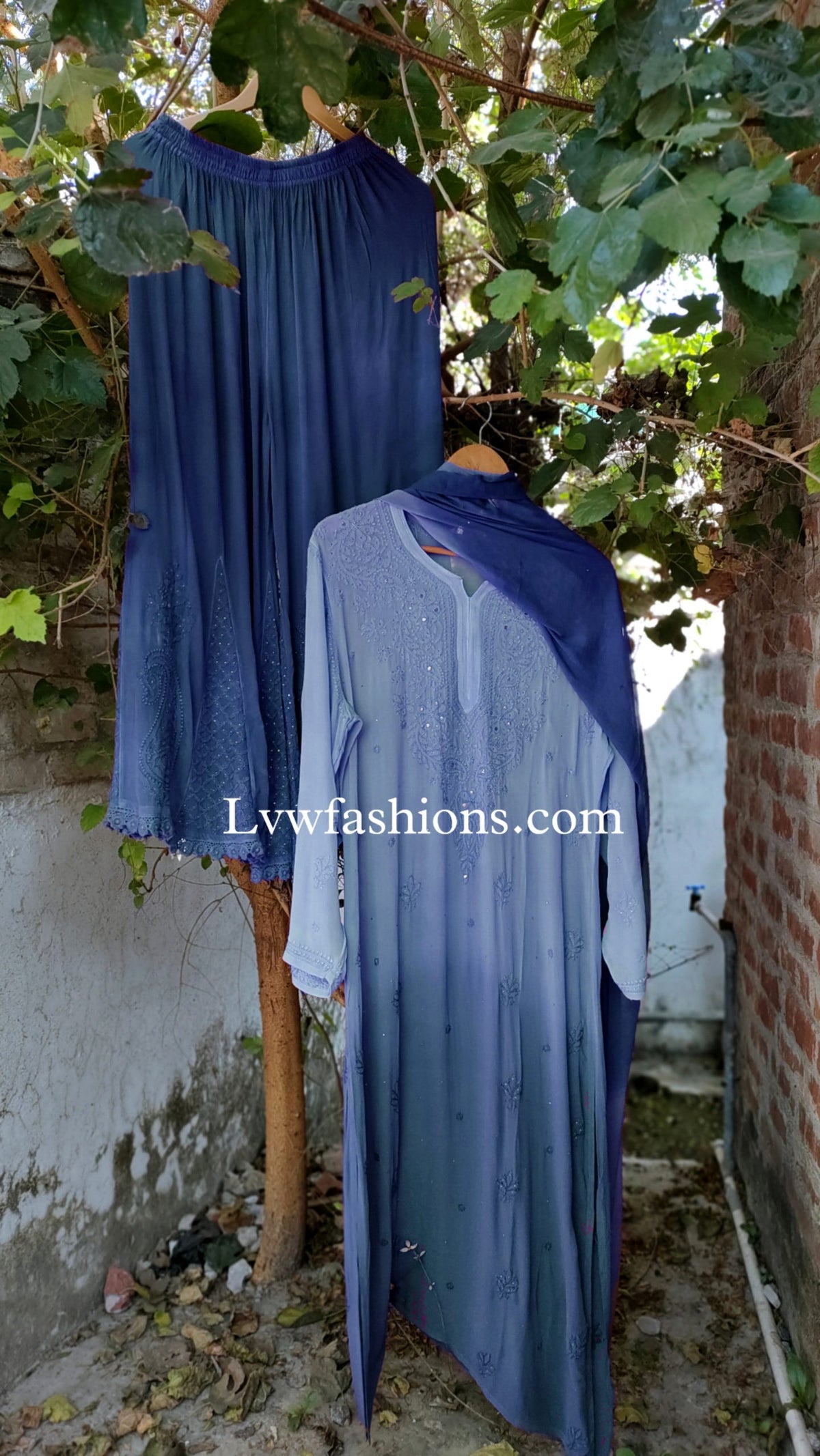 Yankees Blue Premium Georgette Neck Booties 3-piece set by LVW Fashion Luxurious Chikankari, shown in a detailed image.