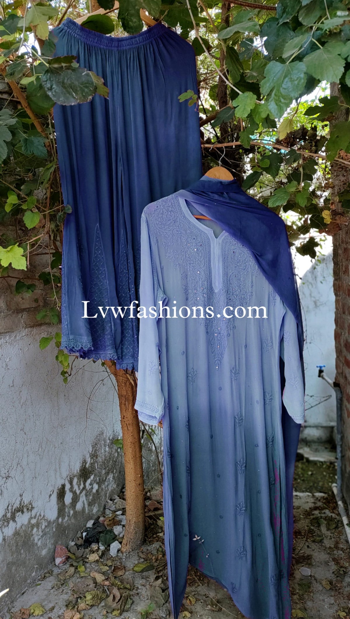 Yankees Blue premium Georgette neck booties 3-piece set by LVW Fashion Luxurious Chikankari, featuring elegant fabric and detailed design.