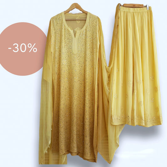 Yellow premium georgette 3-piece set with unique plazzos design by LVW Fashion Luxurious Chikankari.