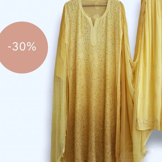 Yellow LVW Fashion luxurious chikankari 3-piece set with premium georgette fabric and unique plazzos design.