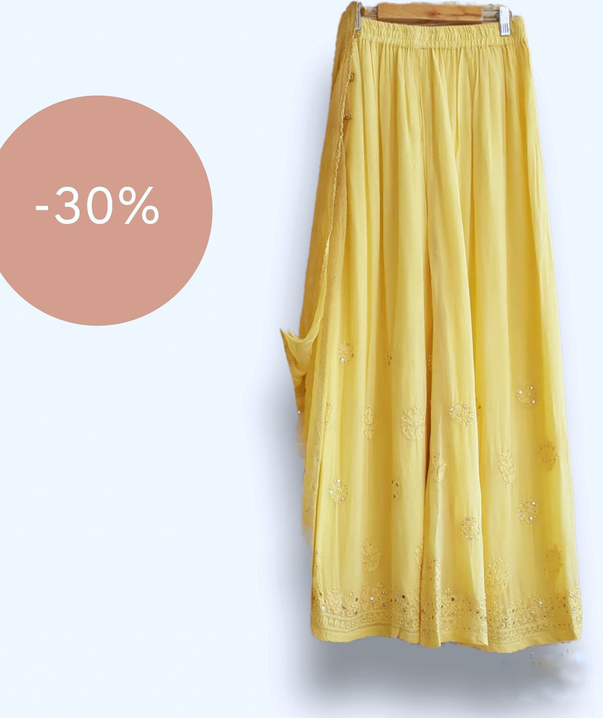 Premium Georgette 3-piece set by LVW Fashion with beautiful unique plazzos design, in yellow, featuring intricate chikankari embroidery.
